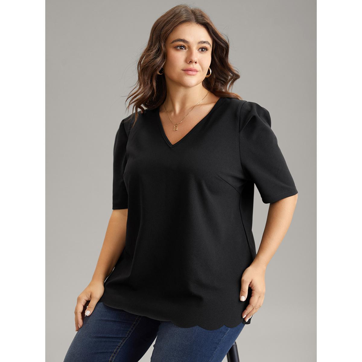 Plus Size Black Plain Puff Sleeve Scalloped Trim Blouse Women Work From Home Half Sleeve V-neck Work Blouses BloomChic 28/5X Product Image
