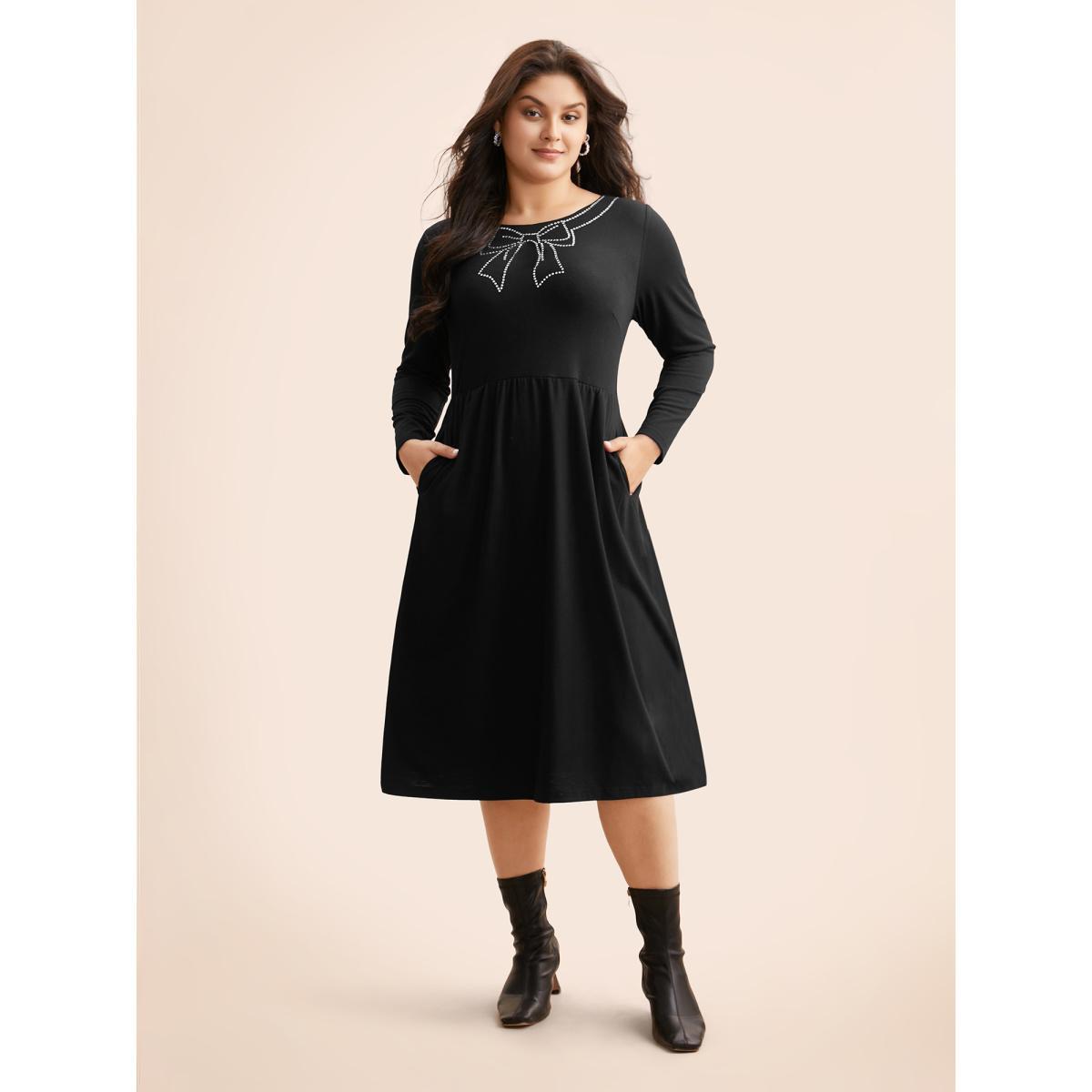 Plus Size Round Neck Bowknot Rhinestone Dress Black Women Resort Rhinestone detailing Round Neck Long Sleeve Curvy BloomChic 22-24/3X Product Image