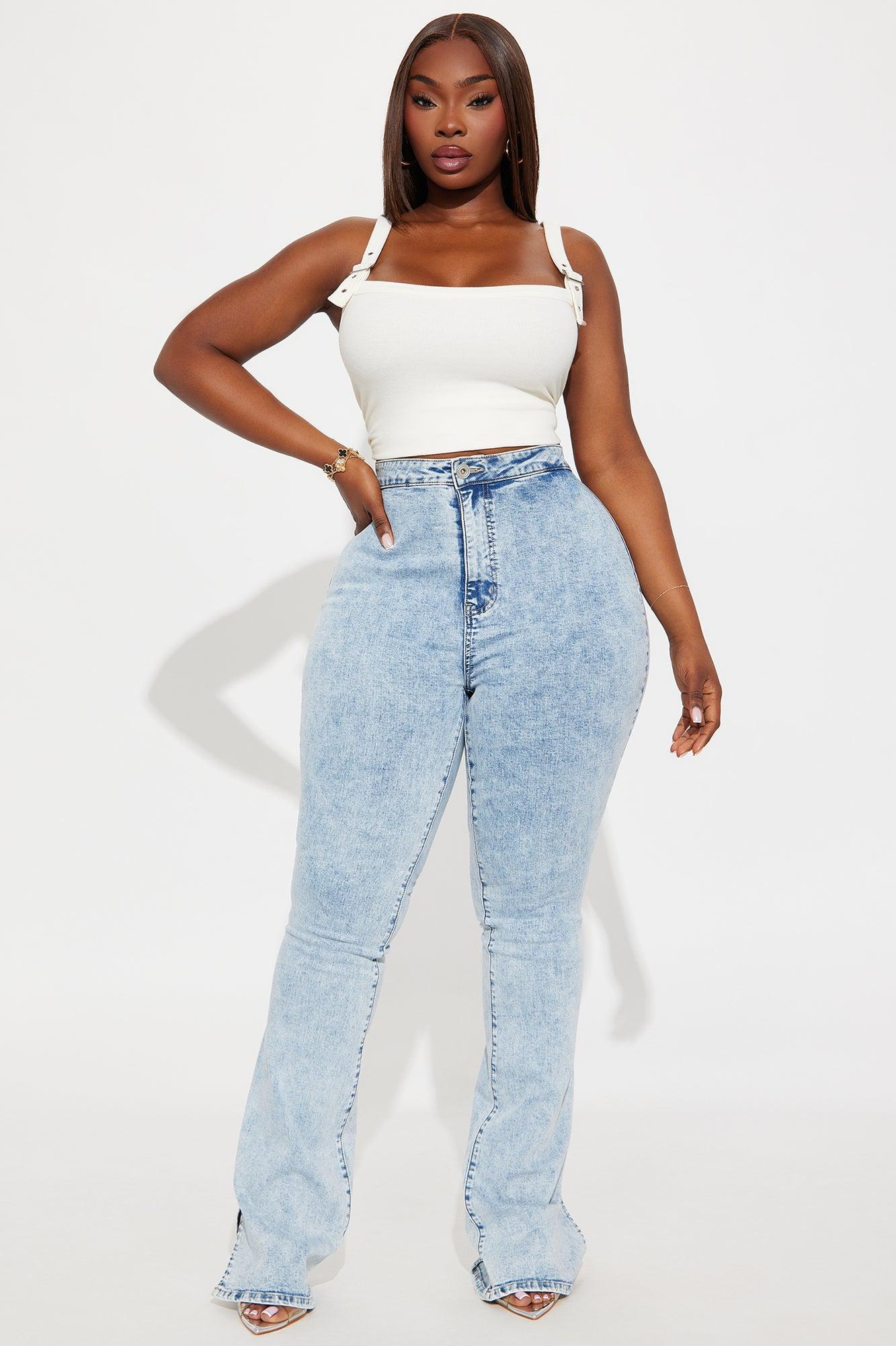 Tall Side Slit Stretch Slim Bootcut Jeans - Acid Wash Denim Product Image