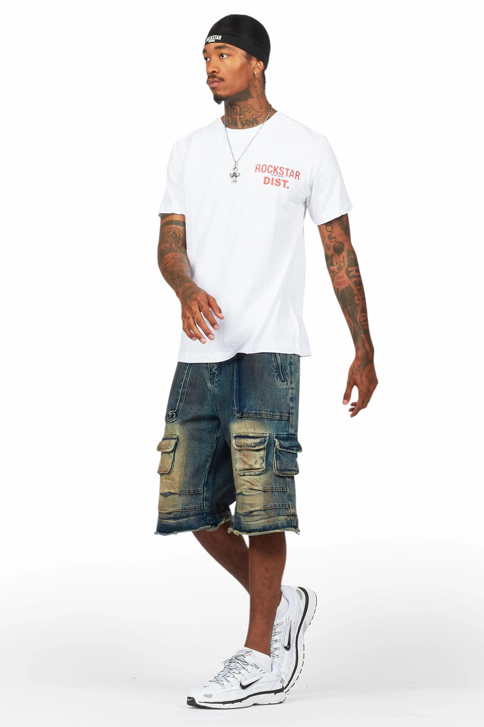 Lake White/Dark Blue T-Shirt/Denim Short Set Male Product Image