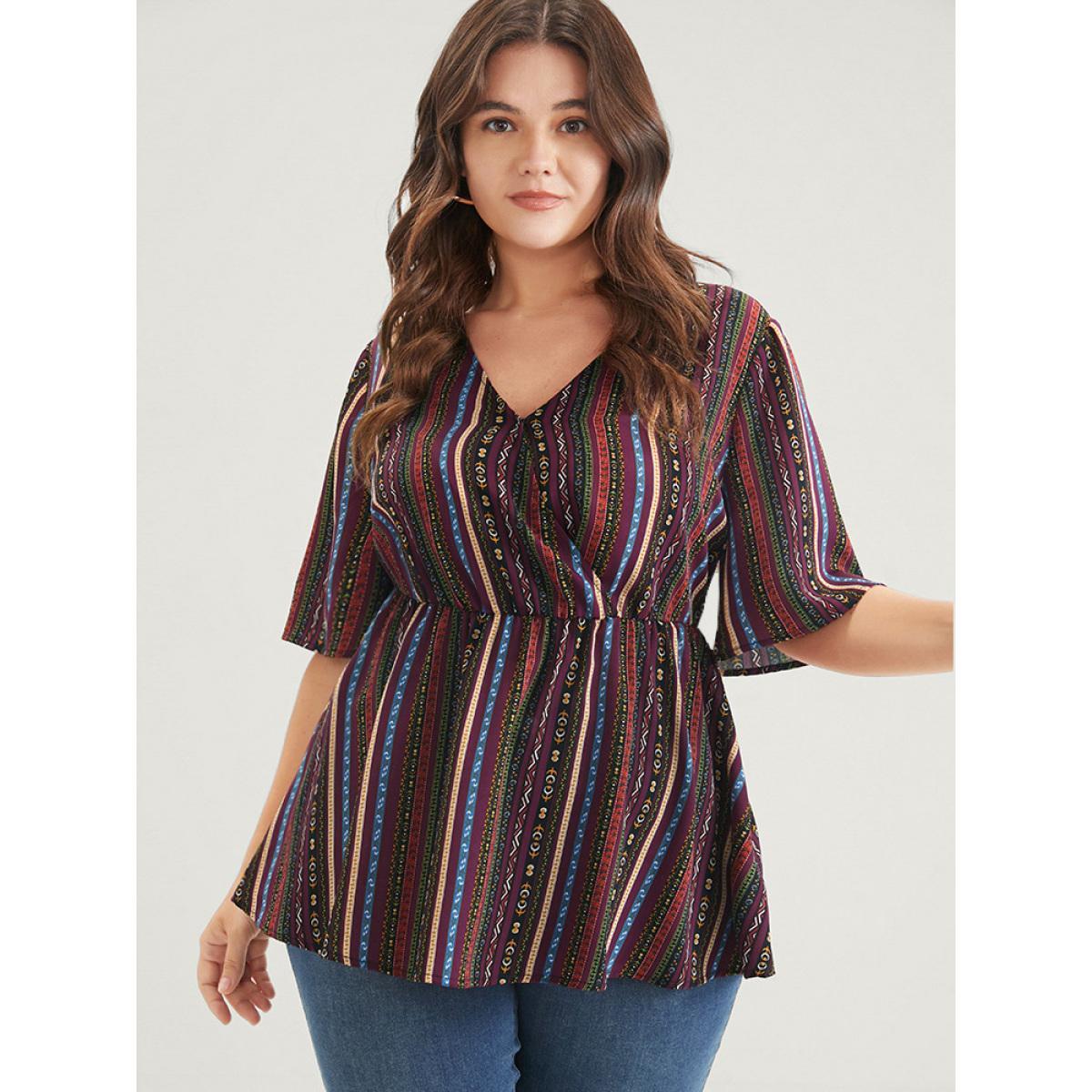 Plus Size Multicolor Striped Elastic Waist Button Ruffles Wrap Blouse Women Elegant Short sleeve V-neck Dailywear Blouses BloomChic 12/L Product Image