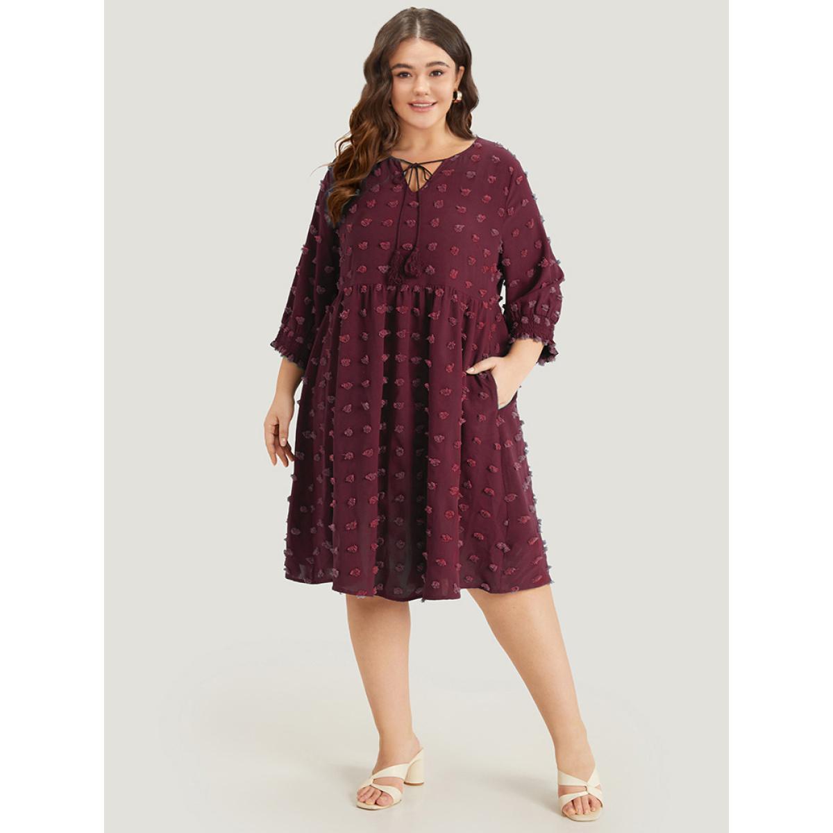 Plus Size Polka Dot Tassels Ties Shirred Cuffs Pocket Dress DarkBlue Women Office Elastic cuffs V-neck Elbow-length sleeve Curvy Midi Dress BloomChic 22-24/3X Product Image