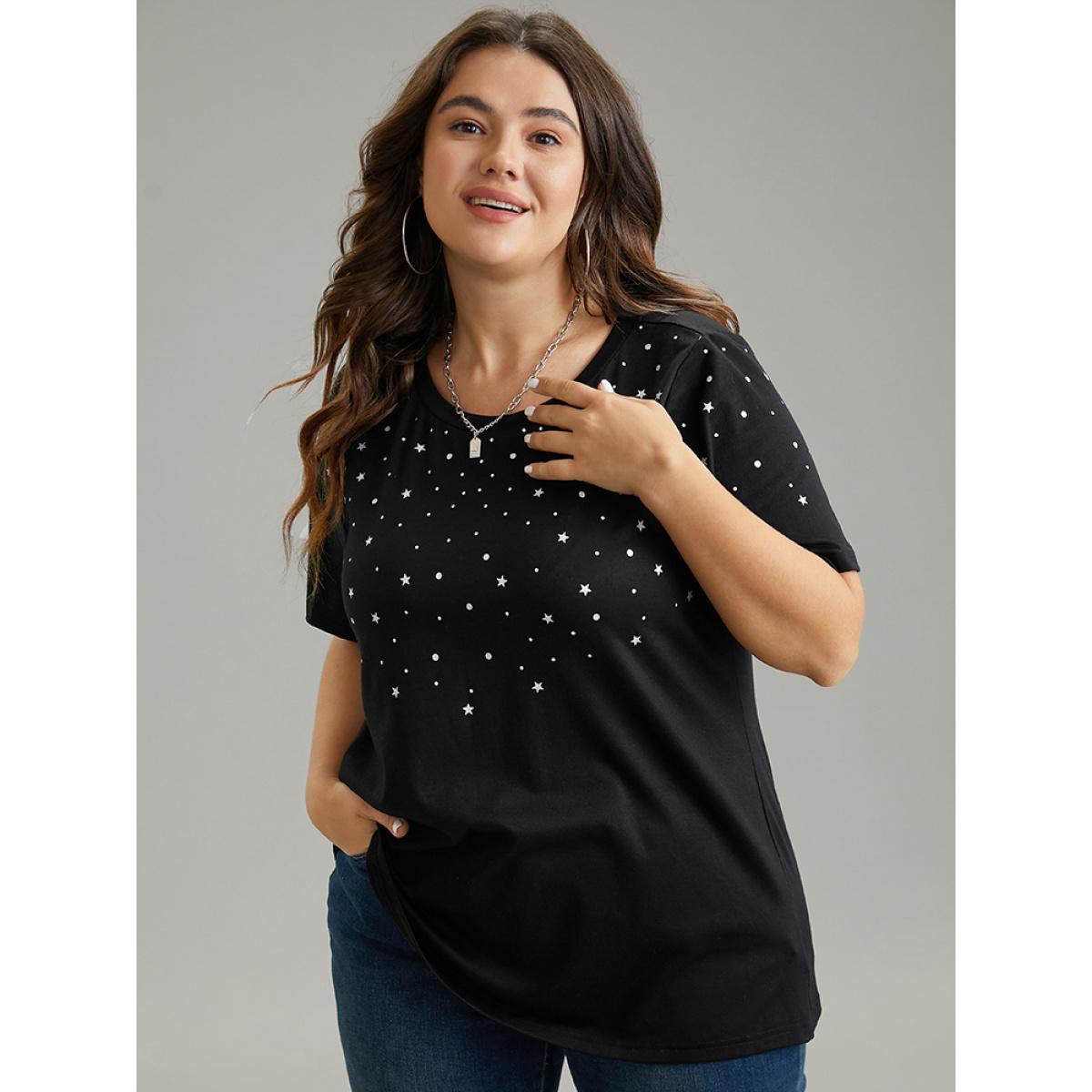 Plus Size Glitter Star Print Crew Neck T-shirt Black Women Casual Contrast Moon and Star Round Neck Dailywear T-shirts BloomChic 18-20/2X Product Image