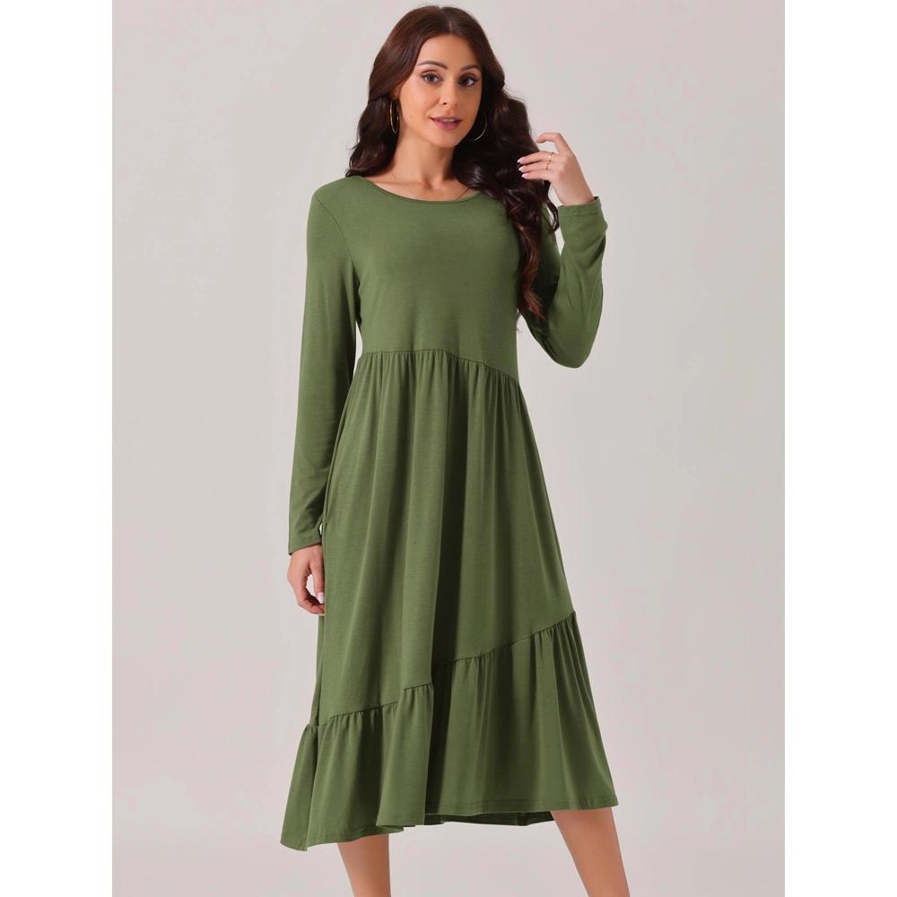 Seta T Women's Fall Long Sleeve Crewneck Pleated Tiered Swing Midi Dress with Pockets Product Image