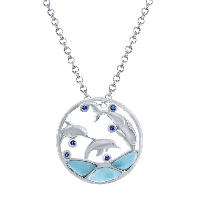 Sterling Silver Larimar & Simulated Sapphire Dolphins Pendant Necklace, Womens Blue Product Image
