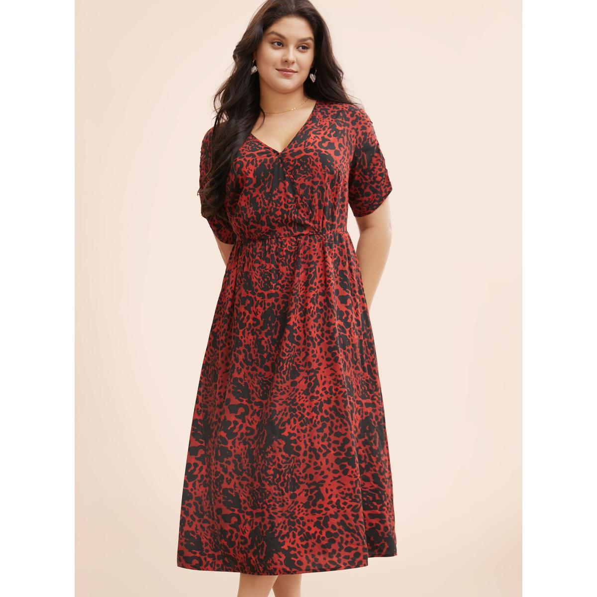 Plus Size Leopard Print V Neck Gathered Dress Burgundy Women Elegant Gathered Overlap Collar Short sleeve Curvy BloomChic 30/6X Product Image