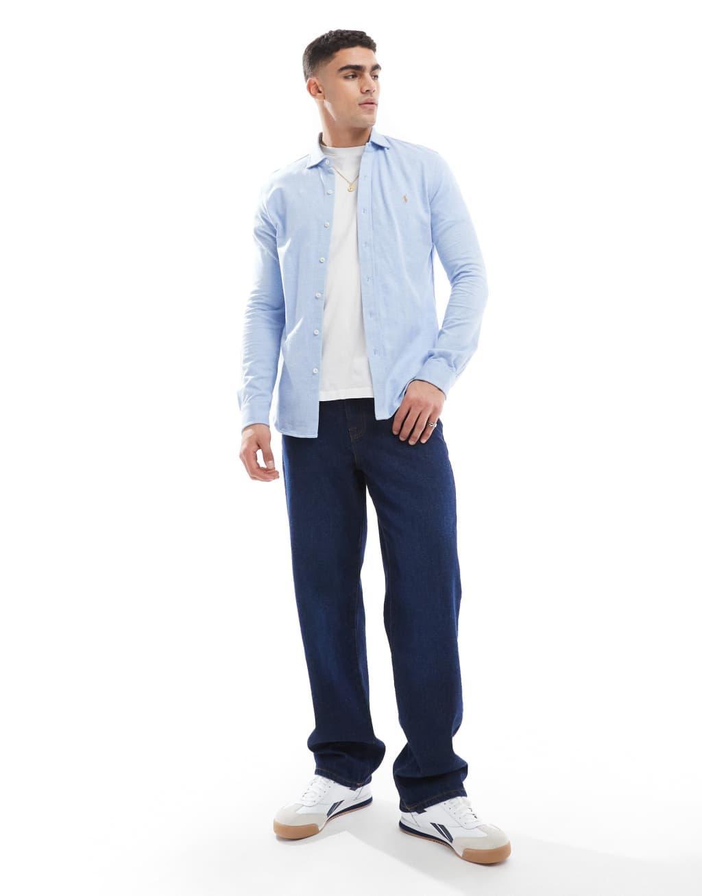 Polo Ralph Lauren icon logo estate collar herringbone print jersey shirt in light blue heather Product Image