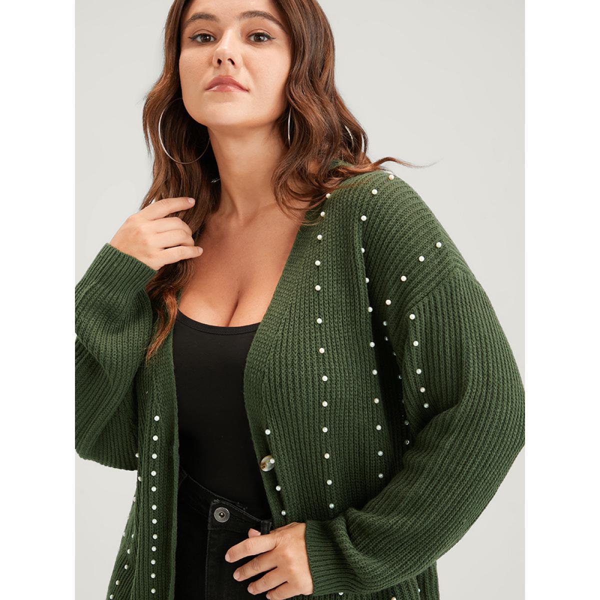 Plus Size Plain Pointelle Knit Pearls Beaded Button Front Cardigan ArmyGreen Women Casual Loose Long Sleeve Dailywear Cardigans BloomChic 10/M Product Image