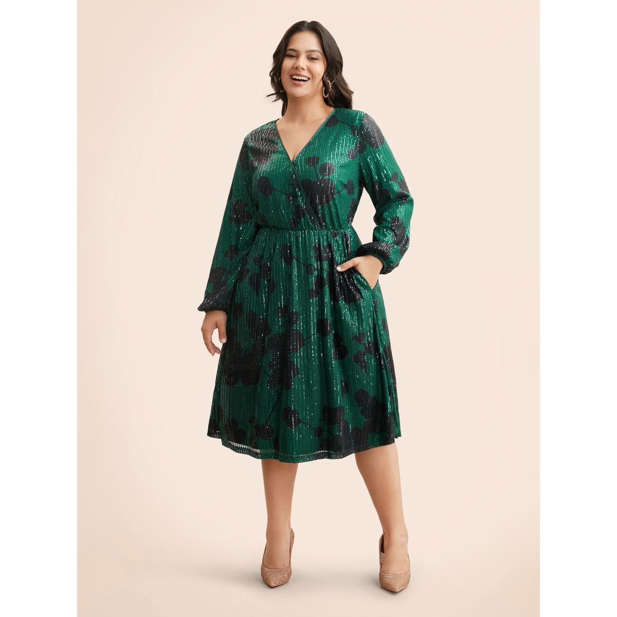 Plus Size Sequin Floral Lantern Sleeve Midi Dress Truegreen Women Cocktail Texture Party Curvy Bloomchic 18-20/2X Product Image