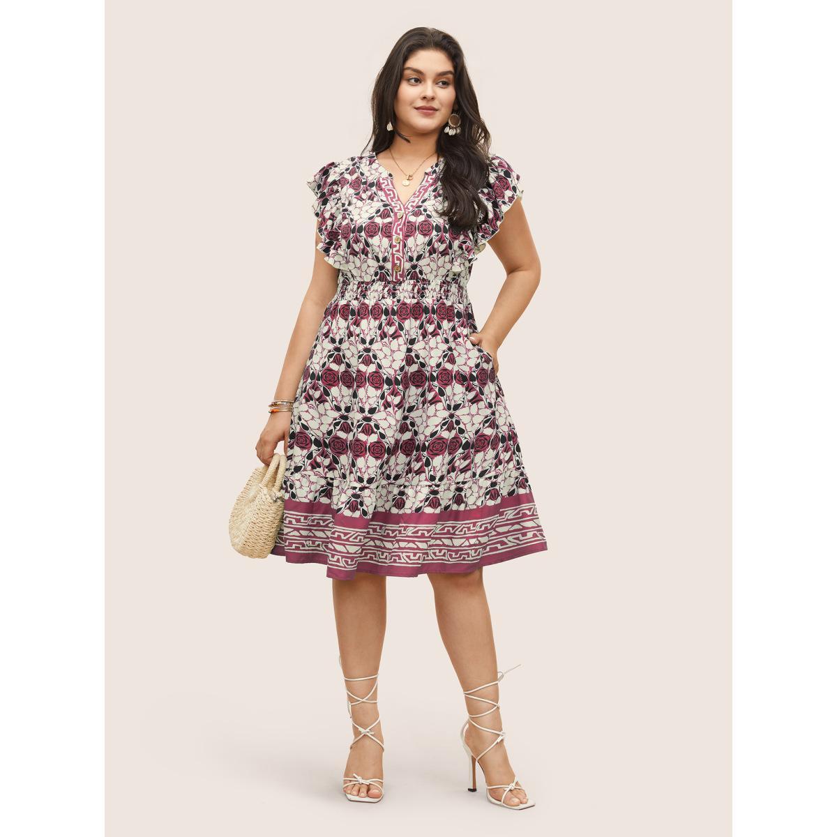 Plus Size Boho Print Ruffles Shirred Pocket Elastic Waist Dress Russet Women Resort Non Notched collar Cap Sleeve Curvy Midi Dress BloomChic 22-24/3X Product Image