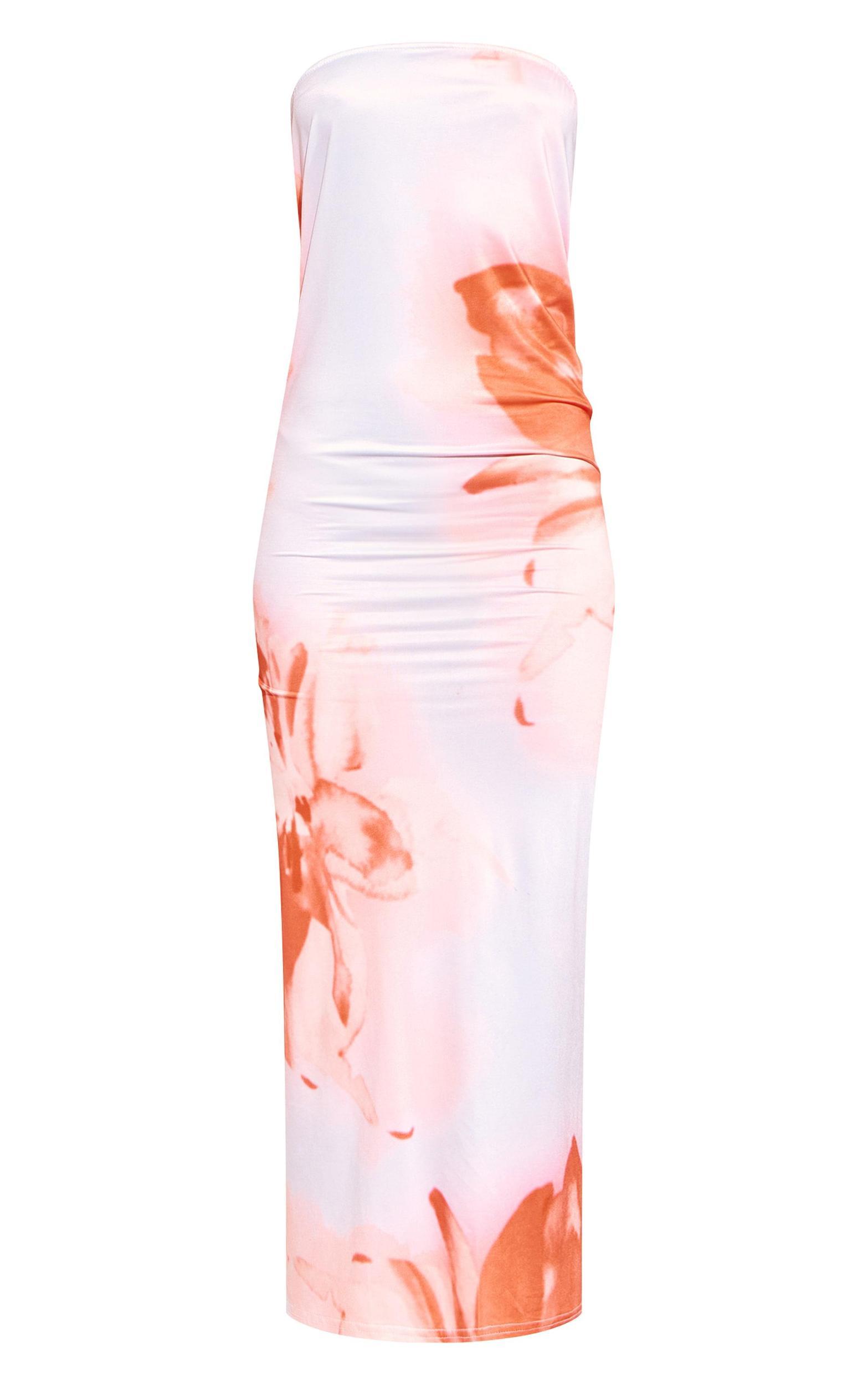 Blue Floral Print Slinky Bandeau Maxi Dress Product Image