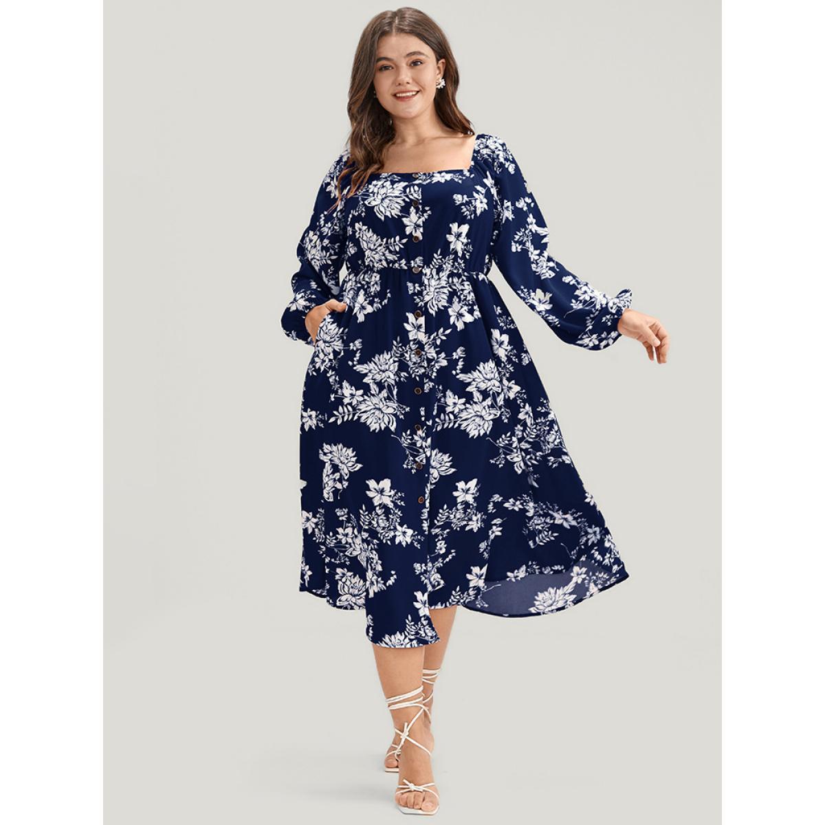 Plus Size Floral Square Neck Lantern Sleeve Pocket Button Detail Dress DarkBlue Women Dating Printed Square Neck Long Sleeve Curvy Midi Dress BloomChic 12/L Product Image