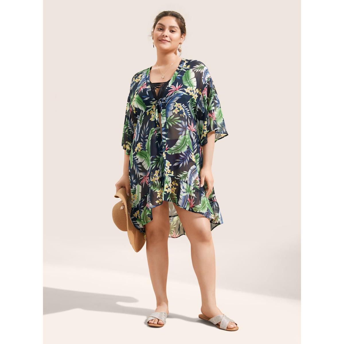 Plus Size Chiffon Plants Print Ties Front Kimono Women Indigo Resort See through Vacation Kimonos BloomChic 22-24/3X Product Image