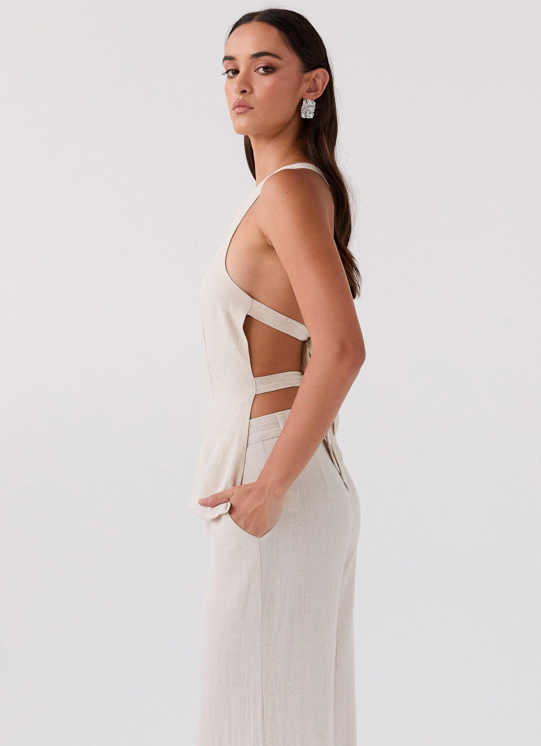 Olsen Linen One Shoulder Top - Oatmeal Product Image
