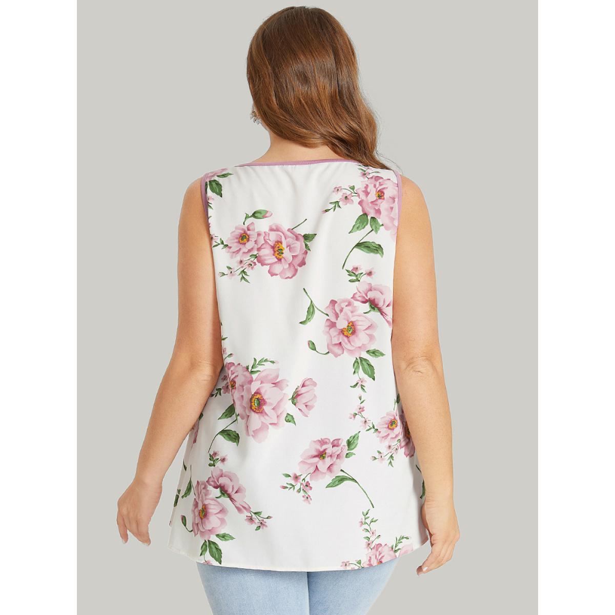 Plus Size Floral Split Front Button Detail 2-In-1 Tank Top Women Rouge Elegant Button Round Neck Dailywear Tank Tops Camis BloomChic 28/5X Product Image