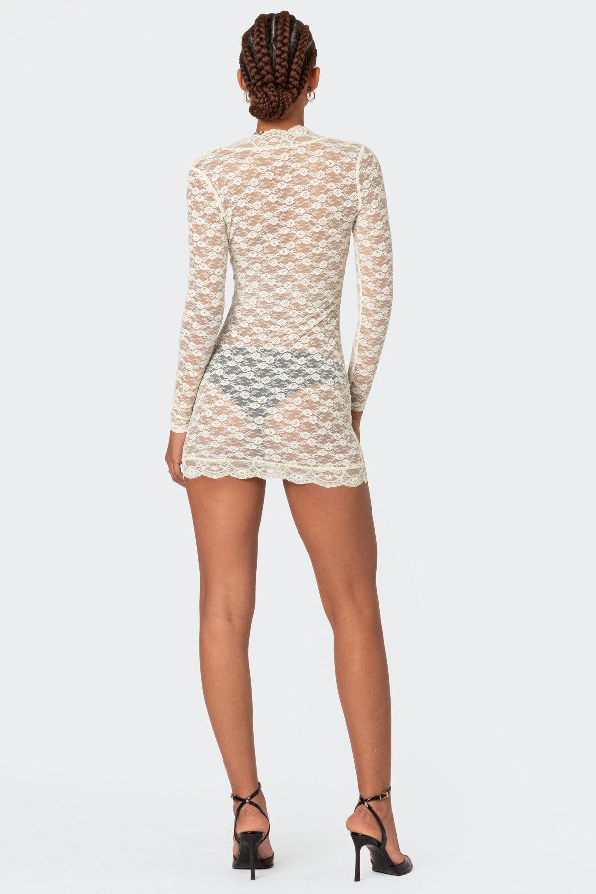 Beck Plunge Neck Sheer Lace Mini Dress Product Image
