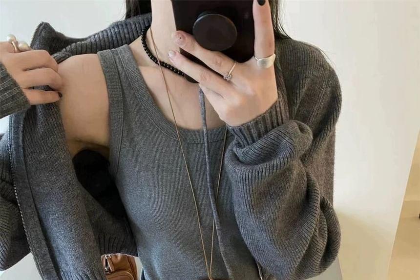 Set: Turtleneck Zip-Up Cardigan + Tank Top Product Image