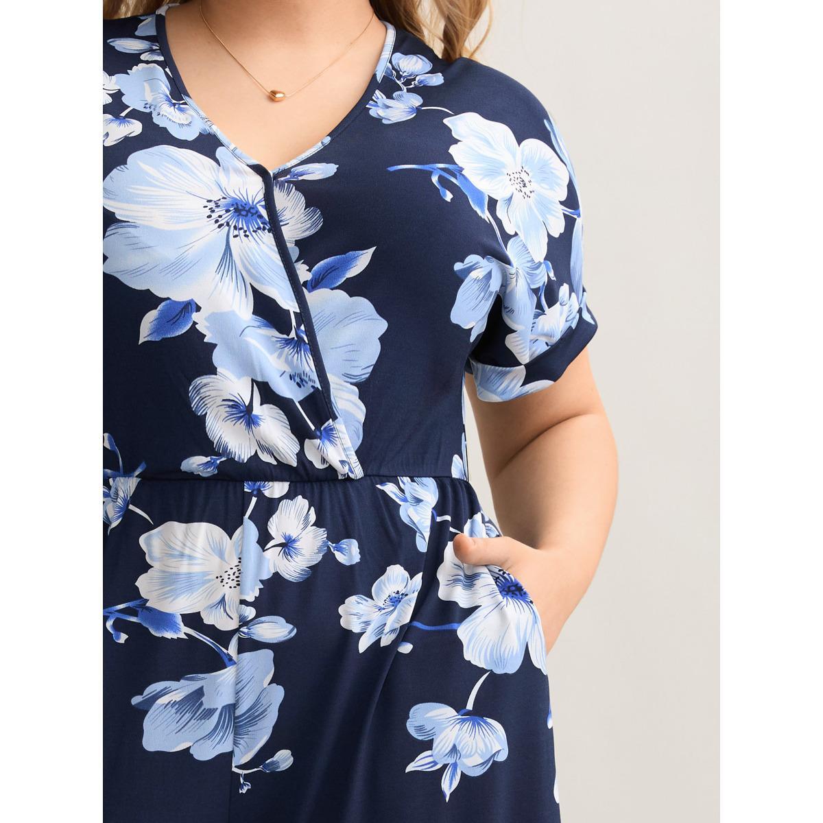 Plus Size DarkBlue Floral Print Knit Surplice Neck Jumpsuit Women Elegant Short sleeve Overlap Collar Everyday-Elegant Loose Jumpsuits BloomChic 12/L Product Image
