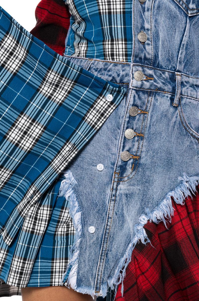 PATCHWORK PLAID DENIM MINI DRESS Product Image