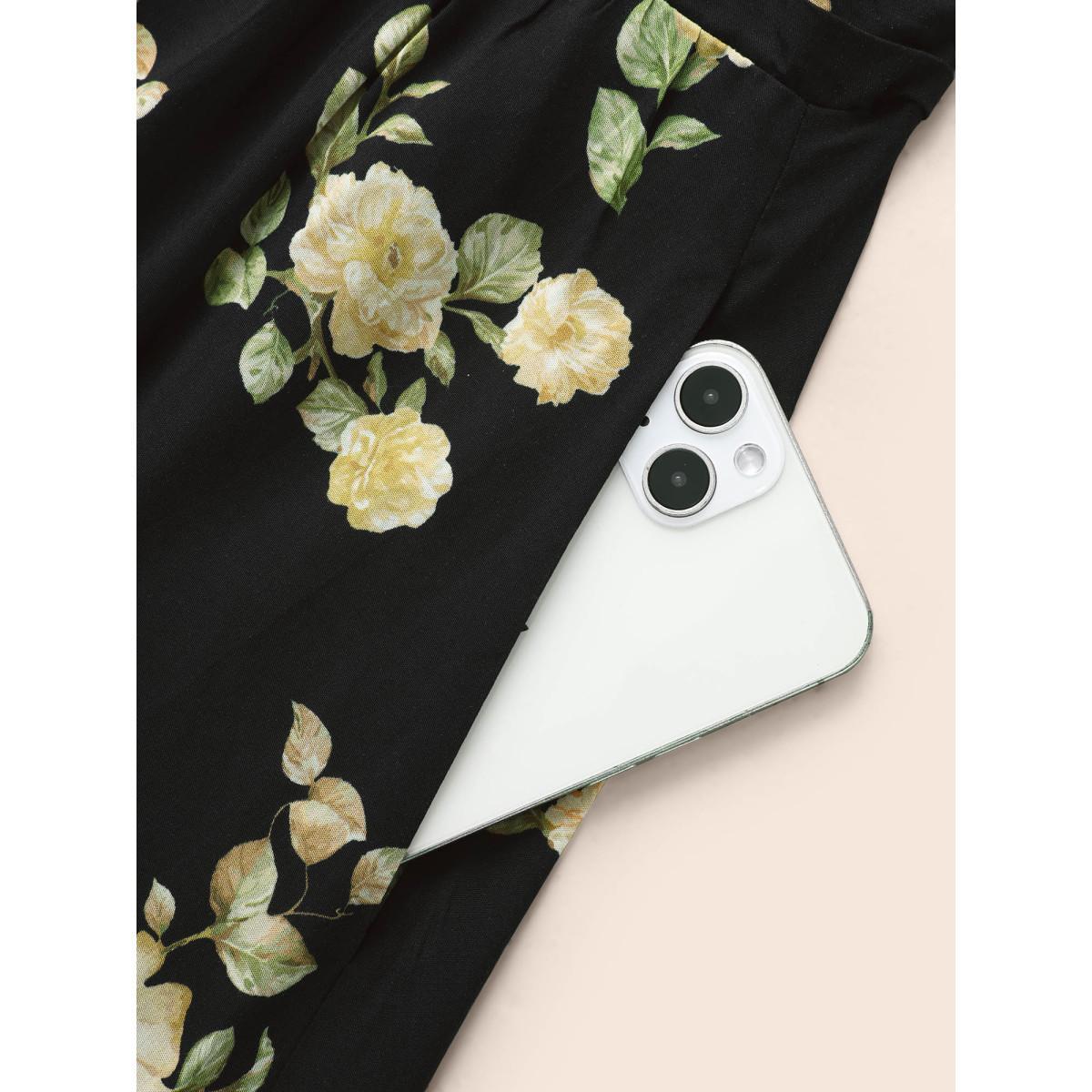 Plus Size Floral Gathered Shirred Flutter Sleeve Dress Black Women Elegant Gathered V-neck Short sleeve Curvy BloomChic 22-24/3X Product Image