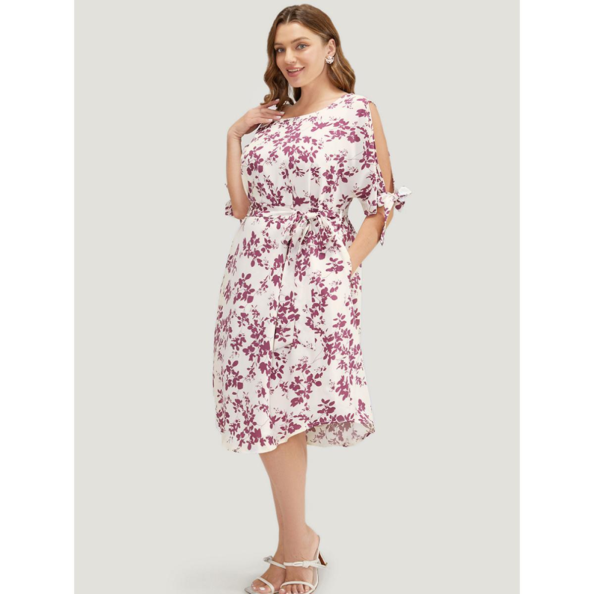 Plus Size Floral Cold Shoulder Pocket Belted Arc Hem Knotted Sleeve Dress Mauve Women Elegant Lined Cold Shoulder Short sleeve Curvy Midi Dress BloomChic 30/6X Product Image