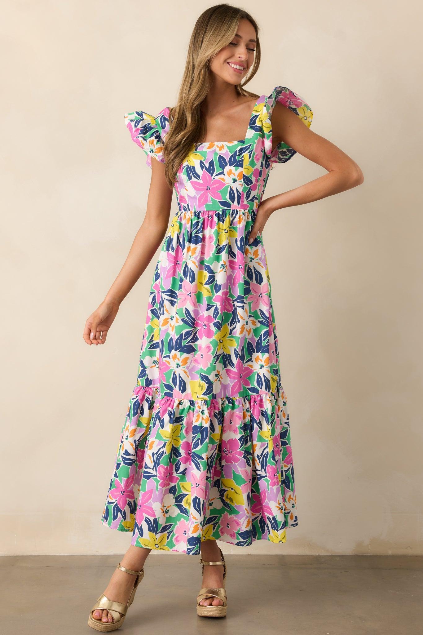 Blooming Shores Pink Tropical Floral Flutter Sleeve Maxi Dress Product Image