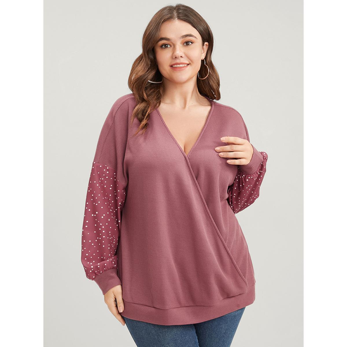Plus Size Polka Dot Patchwork Wrap Waffle Knit Sweatshirt Women DustyPink Elegant Patchwork V-neck Dailywear Sweatshirts BloomChic 12/L Product Image