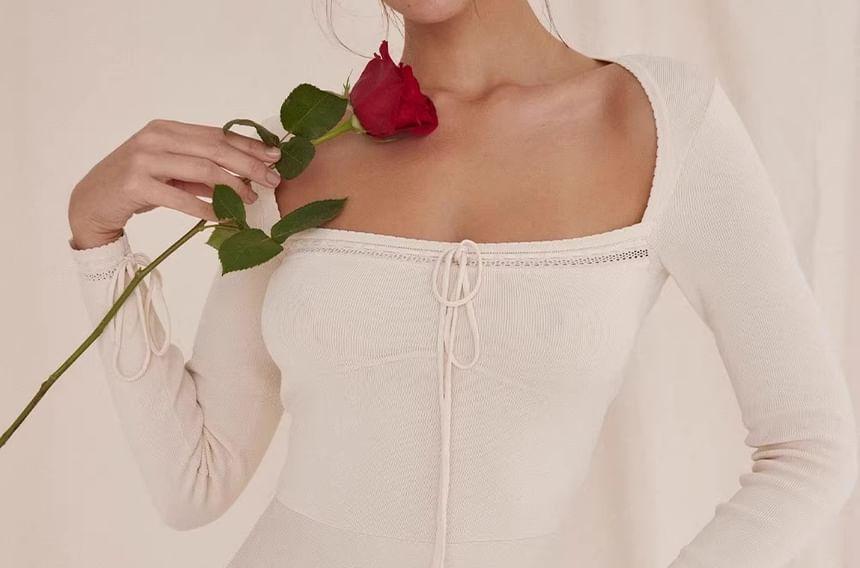 Long-Sleeve Square Neck Plain Knit Mini A-Line Dress Product Image
