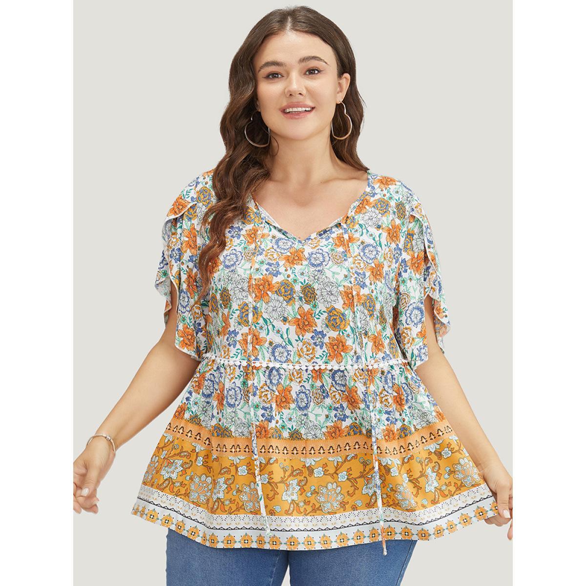 Plus Size Gold Bandana Print Petal Sleeve Tie Neck Pompom Trim Blouse Women Vacation Short sleeve Tie Neck Dailywear Blouses BloomChic 22-24/3X Product Image