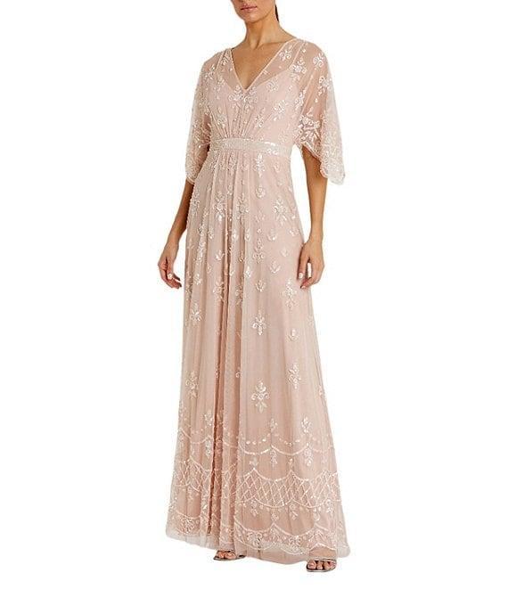 Mac Duggal V-Neck Illusion Flutter Sleeve Embroidered Mesh Sheath Gown Product Image
