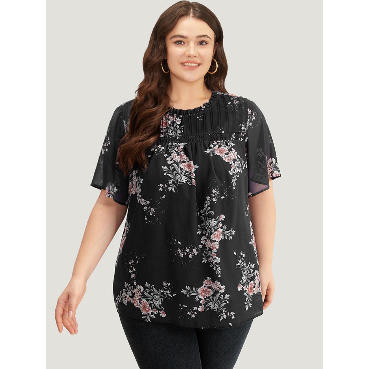 Plus Size Indigo Floral Print Frill Trim Shirred Flutter Sleeve Blouse Women Elegant Short sleeve Round Neck Dailywear Blouses BloomChic 26/4X Product Image