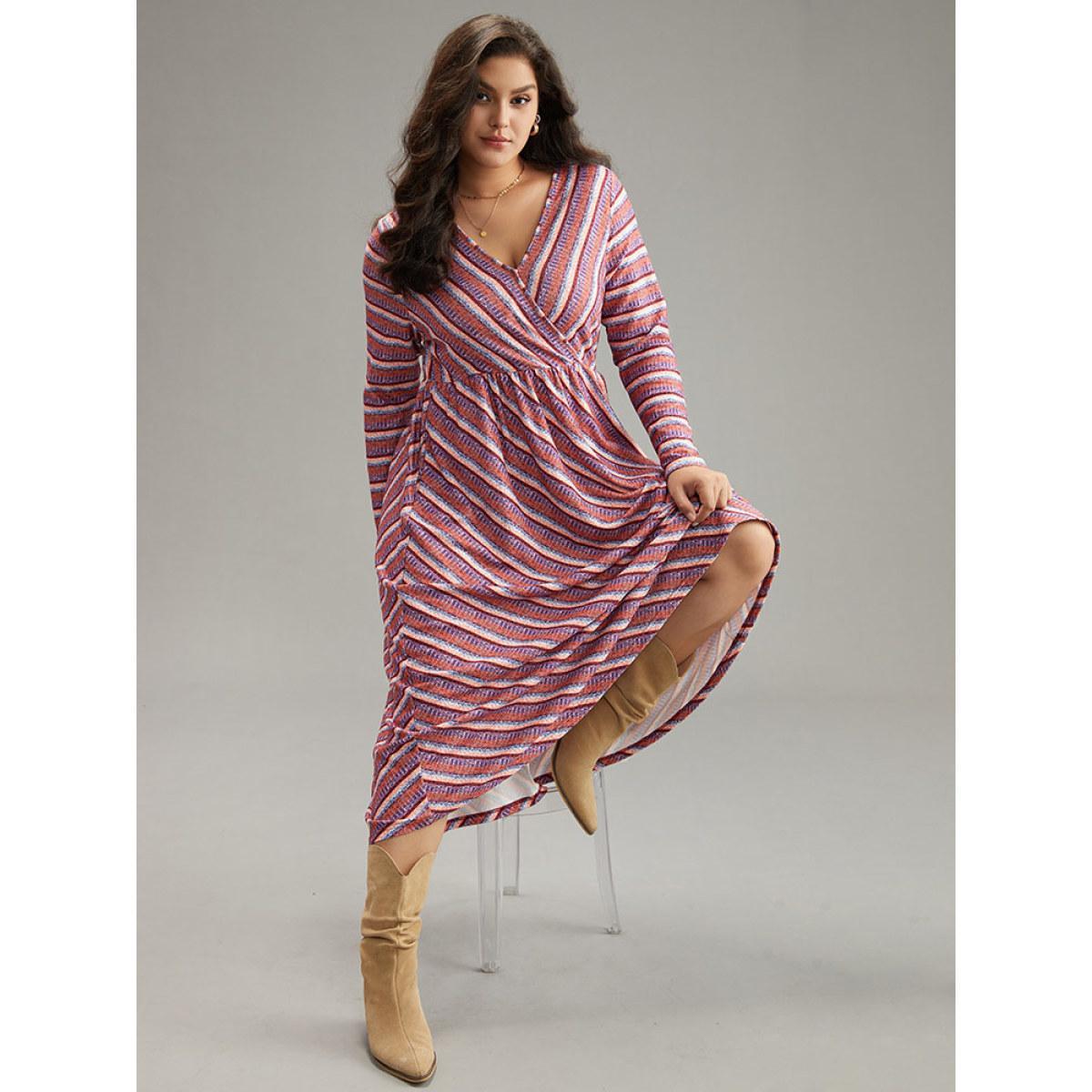 Plus Size Striped Elastic Waist Gathered Dress DustyPink Women Casual Printed V-neck Long Sleeve Curvy Midi Dress BloomChic 12/L Product Image