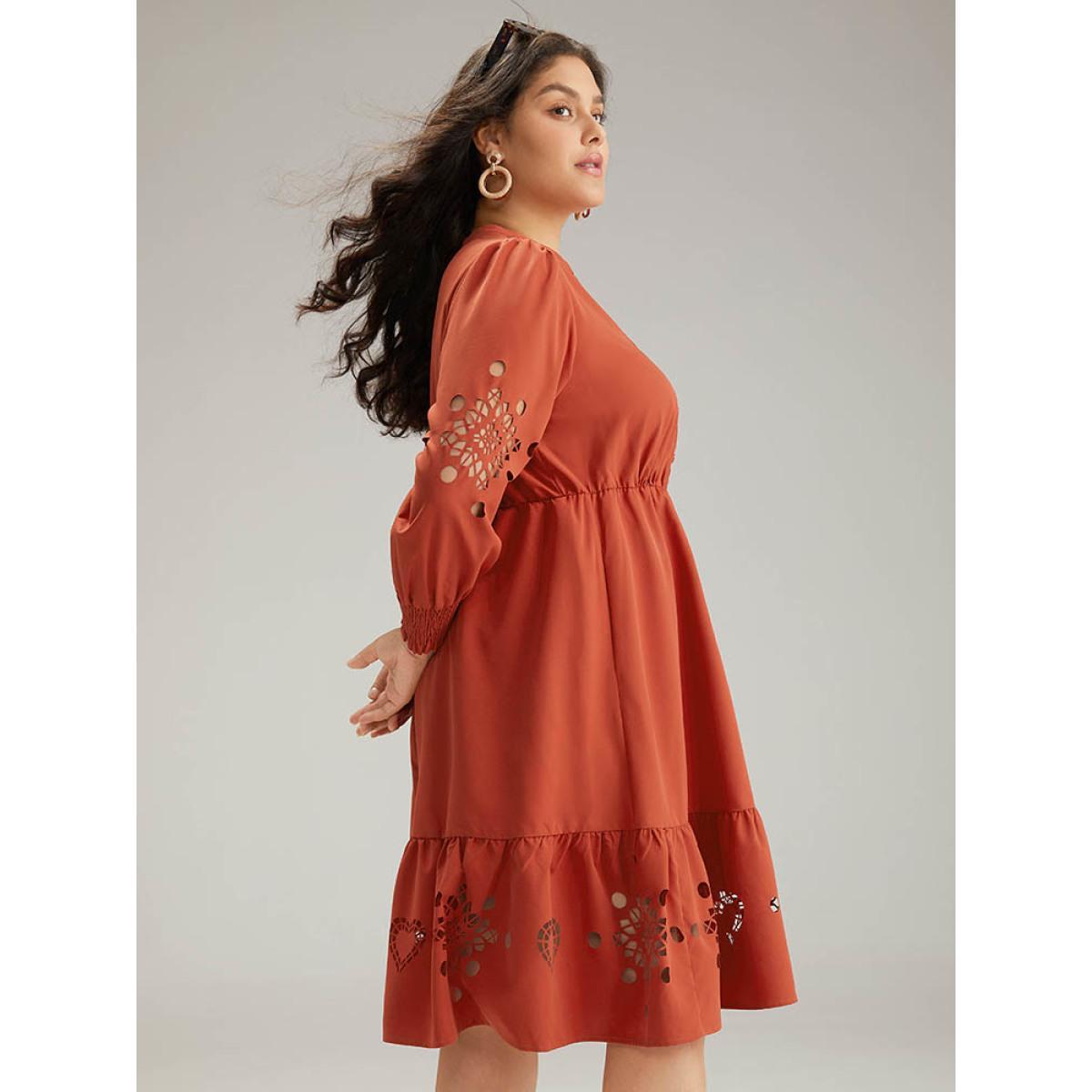 Plus Size Plain Shirred Button Up Laser Cut Dress Maroon Women Vacation Plain Notched collar Long Sleeve Curvy Midi Dress BloomChic 30/6X Product Image