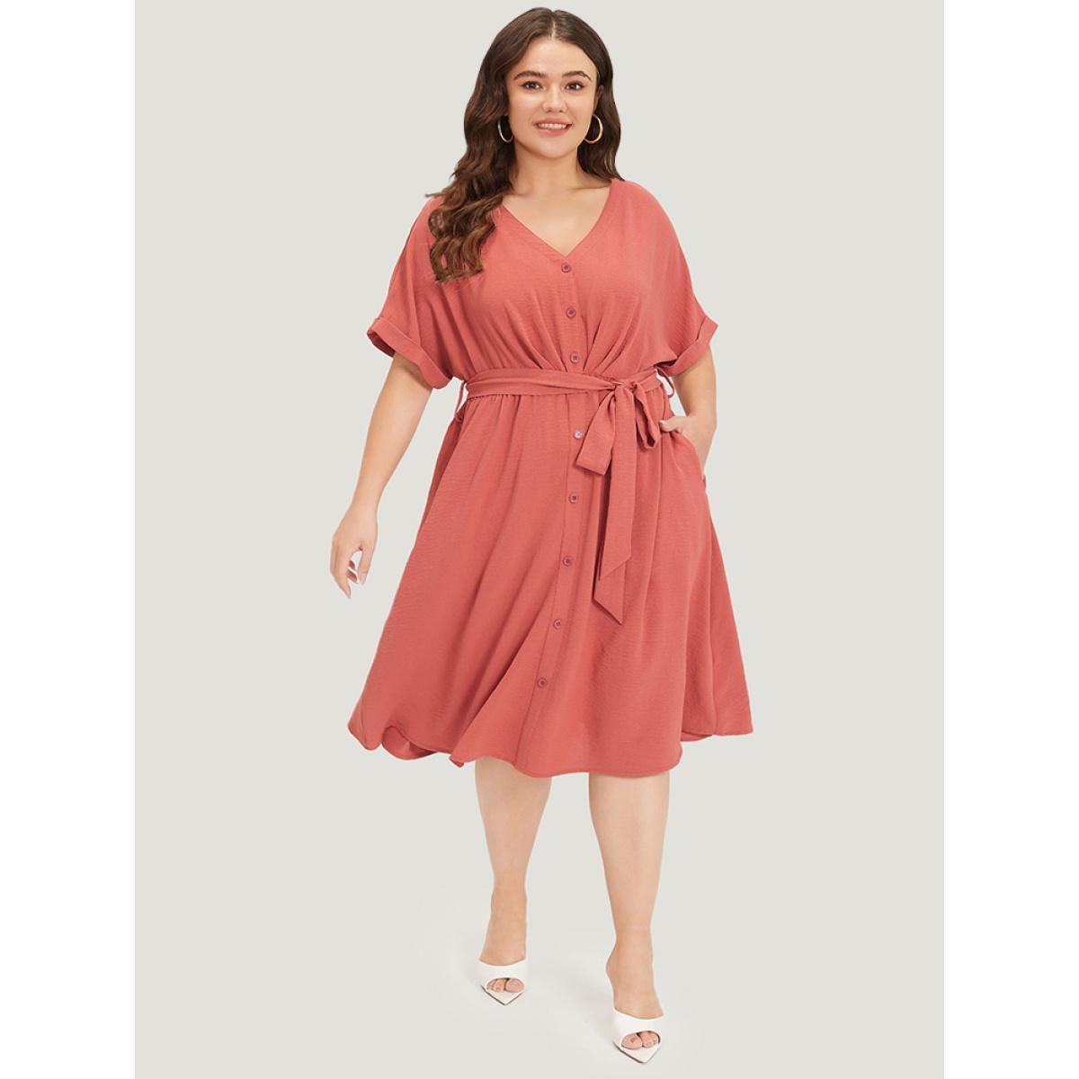 Plus Size Solid Pocket Button Detail Ties Roll Sleeve Dress Rust Women Office Plain V-neck Short sleeve Curvy Midi Dress BloomChic 10/M Product Image