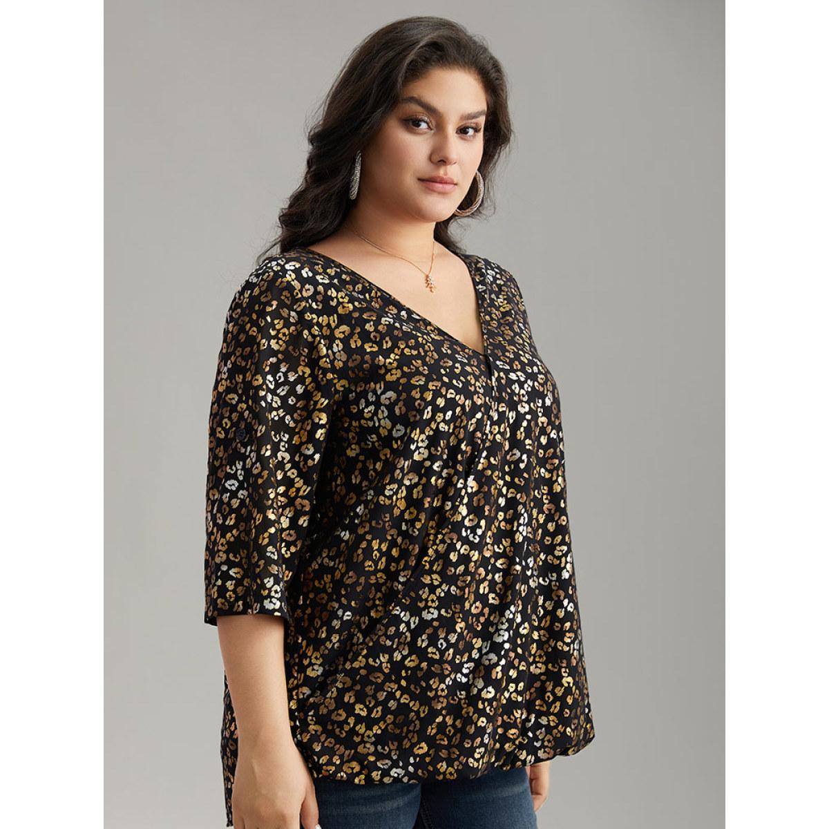 Plus Size Black Leopard Glitter Wrap V Neck Blouse Women Glamour Elbow-length sleeve V-neck Going out Blouses BloomChic 12/L Product Image