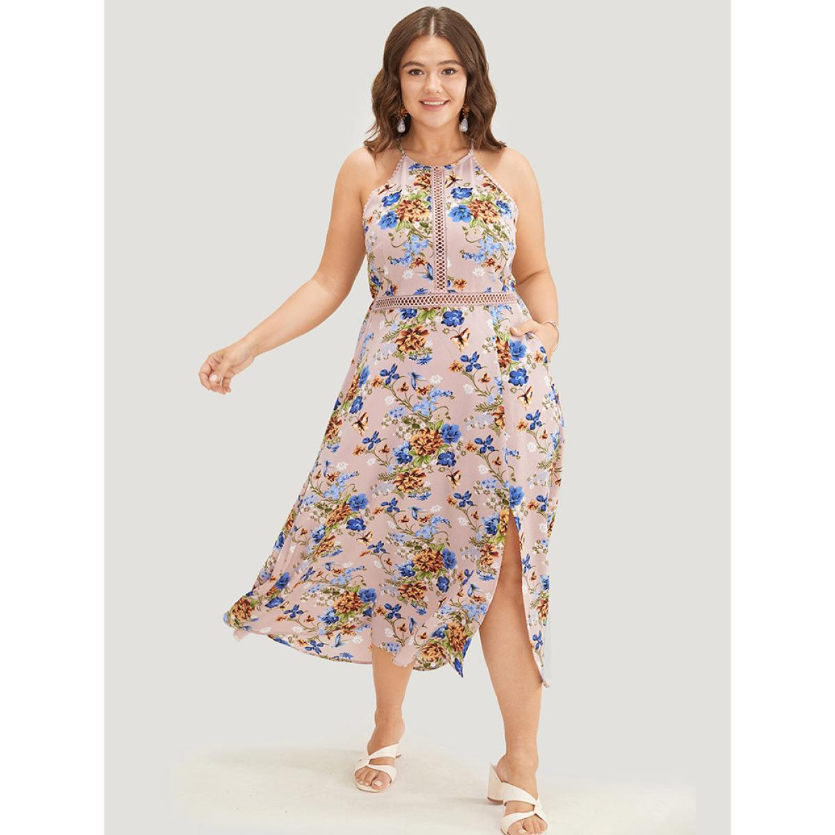 Plus Size Floral Pocket Lace Insert Split Pompom Trim Halter Dress Pink Women Elegant Lace Halter neck Sleeveless Curvy Midi Dress BloomChic 30/6X Product Image
