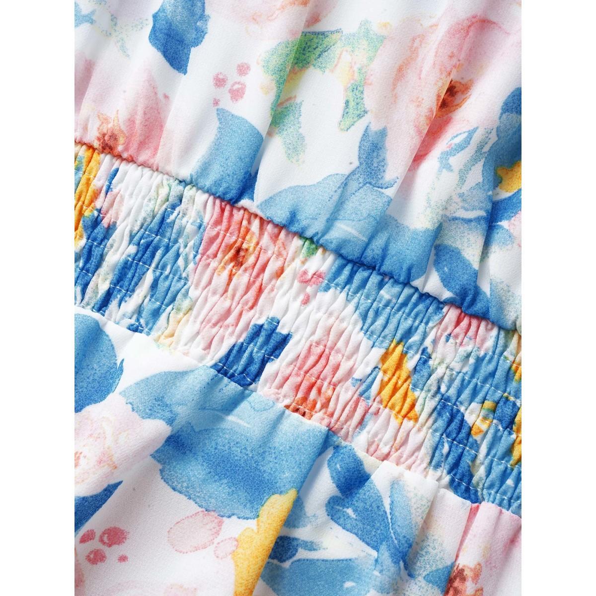 Plus Size Watercolor Floral Shirred Puff Sleeve Midi Dress Skyblue Women Elegant Shirred Heart neckline Short sleeve Curvy BloomChic 14-16/1X Product Image