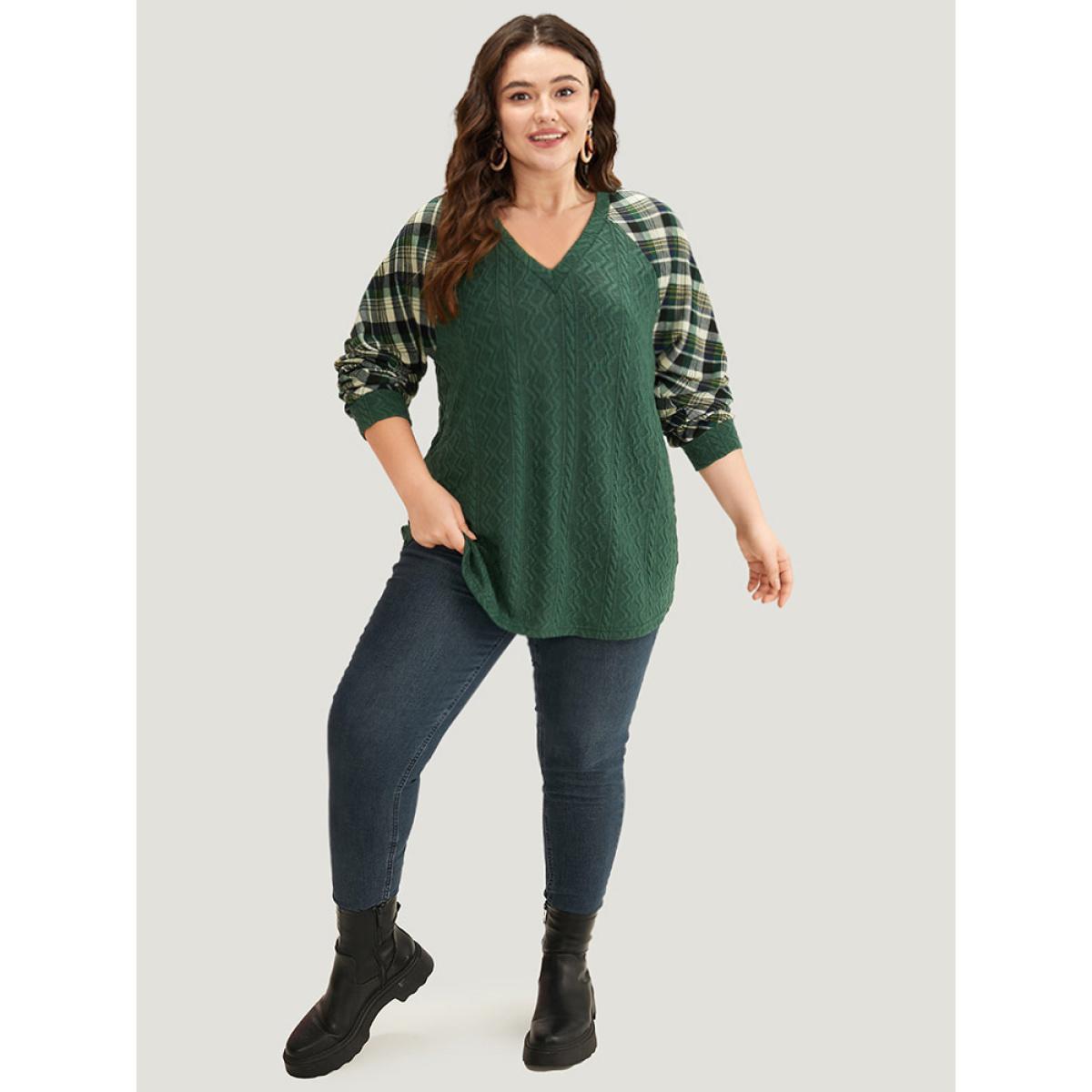Plus Size Plaid Raglan Sleeve Patchwork Texture Sweatshirt Women DarkGreen Casual Elastic cuffs V-neck Dailywear Sweatshirts BloomChic 30/6X Product Image