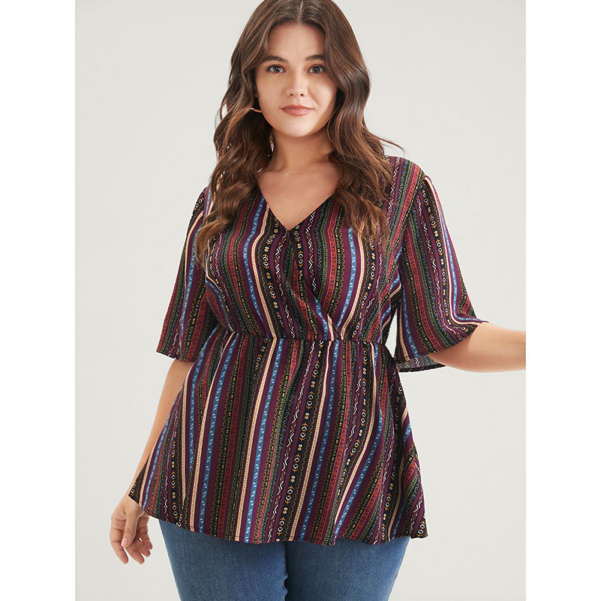 Plus Size Multicolor Striped Elastic Waist Button Ruffles Wrap Blouse Women Elegant Short sleeve V-neck Dailywear Blouses BloomChic 12/L Product Image
