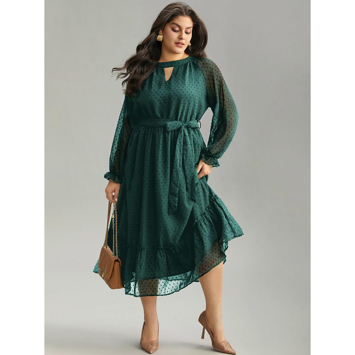 Plus Size Chiffon Texture Belted Mesh Keyhole Frill Trim Dress Cyan Women Office Texture Keyhole Cut-Out Long Sleeve Curvy Midi Dress BloomChic 22-24/3X Product Image