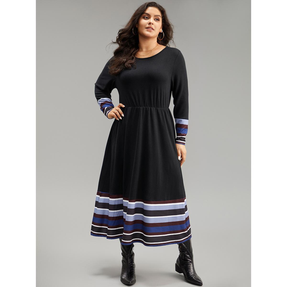 Plus Size Striped Patchwork Contrast Crew Neck Dress Black Women Casual Contrast Round Neck Long Sleeve Curvy Midi Dress BloomChic 18-20/2X Product Image