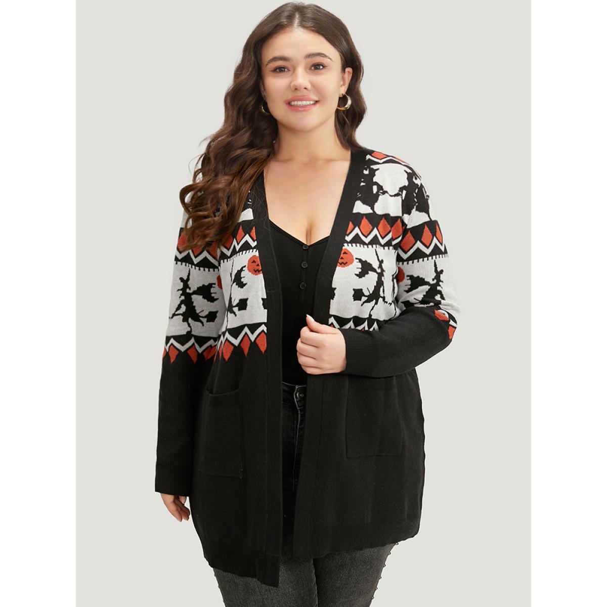 Plus Size Halloween Geo & Witch Print Open Front Cardigan Black Women Casual Loose Long Sleeve Festival-Halloween Cardigans BloomChic 12/L Product Image