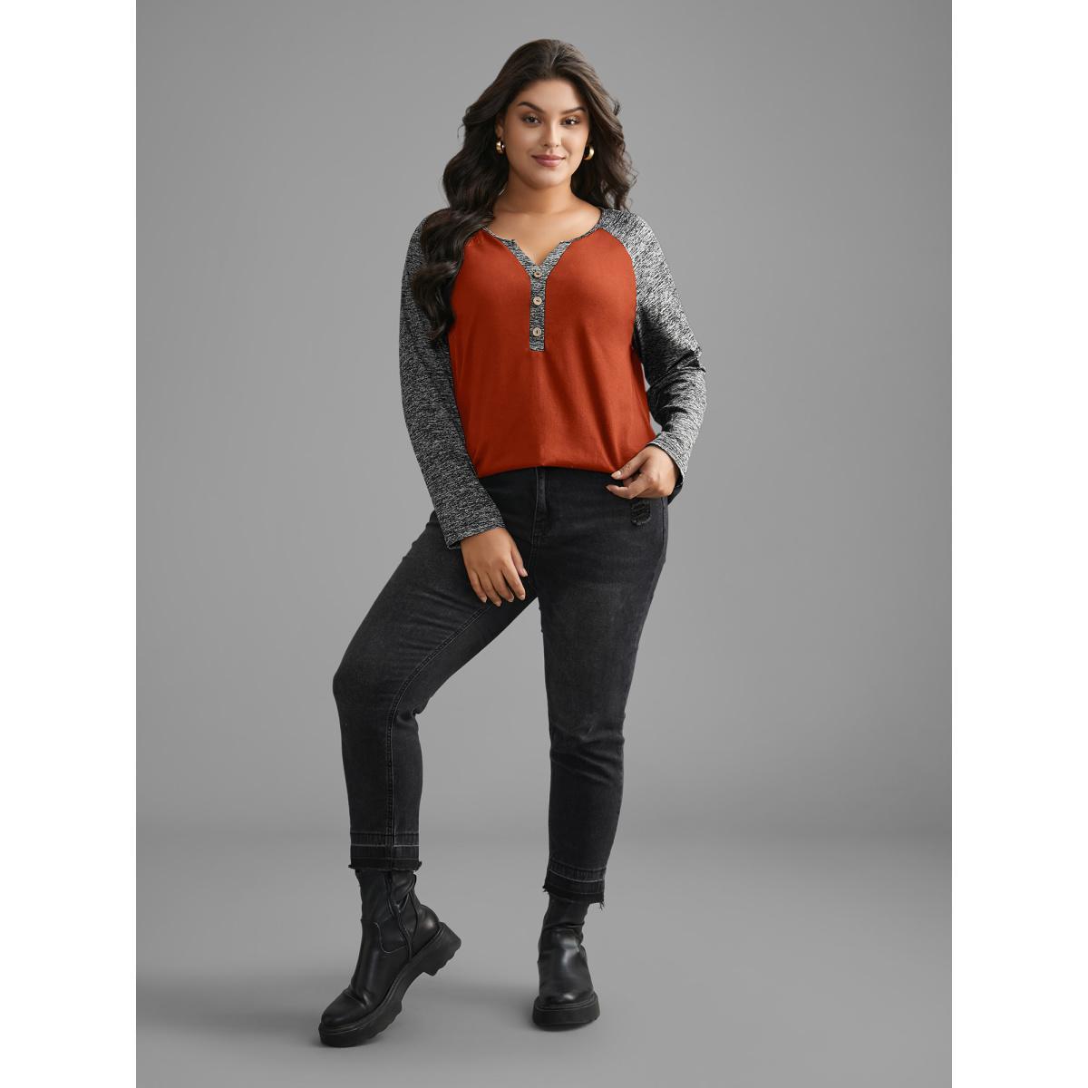 Plus Size Heather Patchwork Button Detail Stretchy T-Shirt Brightorange Women Casual Contrast Flat collar with V-notch Everyday T-shirts BloomChic 18-20/2X Product Image