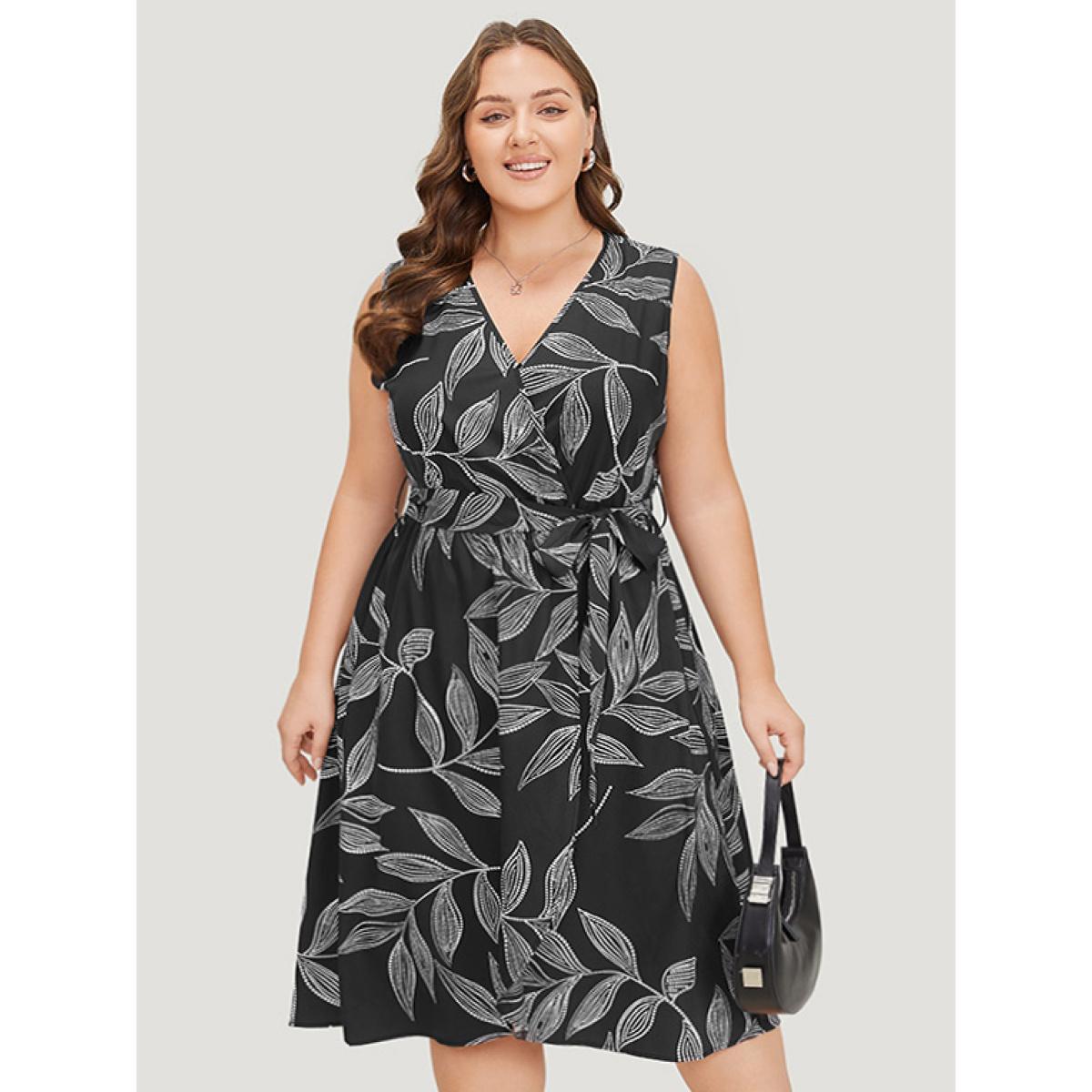 Plus Size Plants Print Overlap Collar Belted Tank Dress Black Women Office Wrap V-neck Sleeveless Curvy Knee Dress BloomChic 10/M Product Image