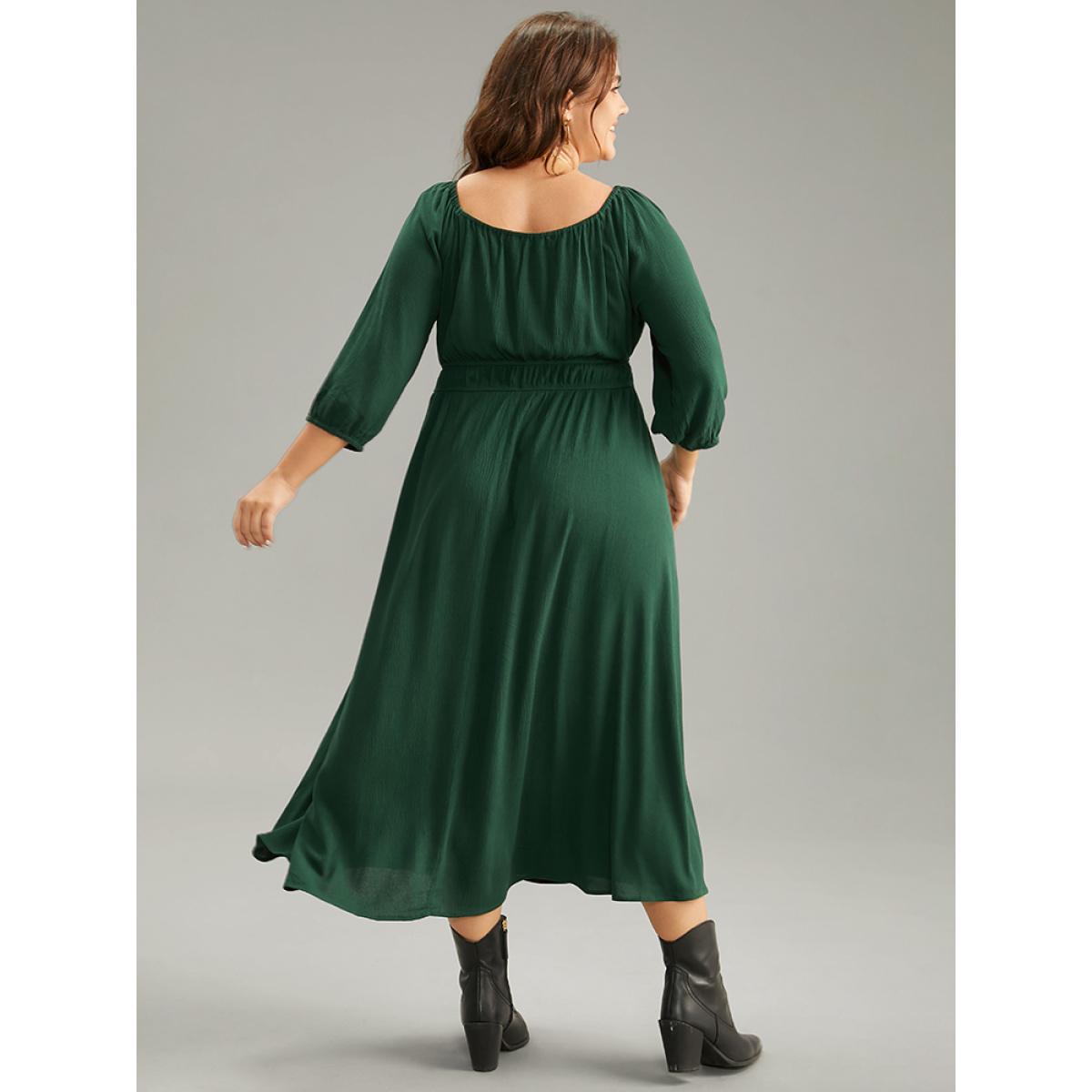 Plus Size Square Neck Gathered Elastic Waist Rayon Dress DarkGreen Women Casual Elastic cuffs Square Neck Elbow-length sleeve Curvy Midi Dress BloomChic 22-24/3X Product Image