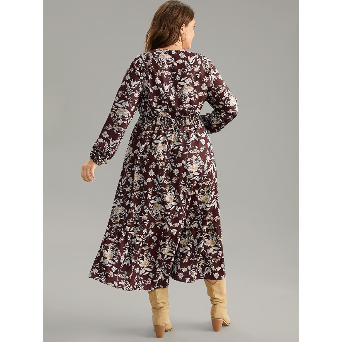 Plus Size Floral Shirred Pocket Lantern Sleeve Dress Burgundy Women Elegant Elastic cuffs V-neck Long Sleeve Curvy Midi Dress BloomChic 22-24/3X Product Image
