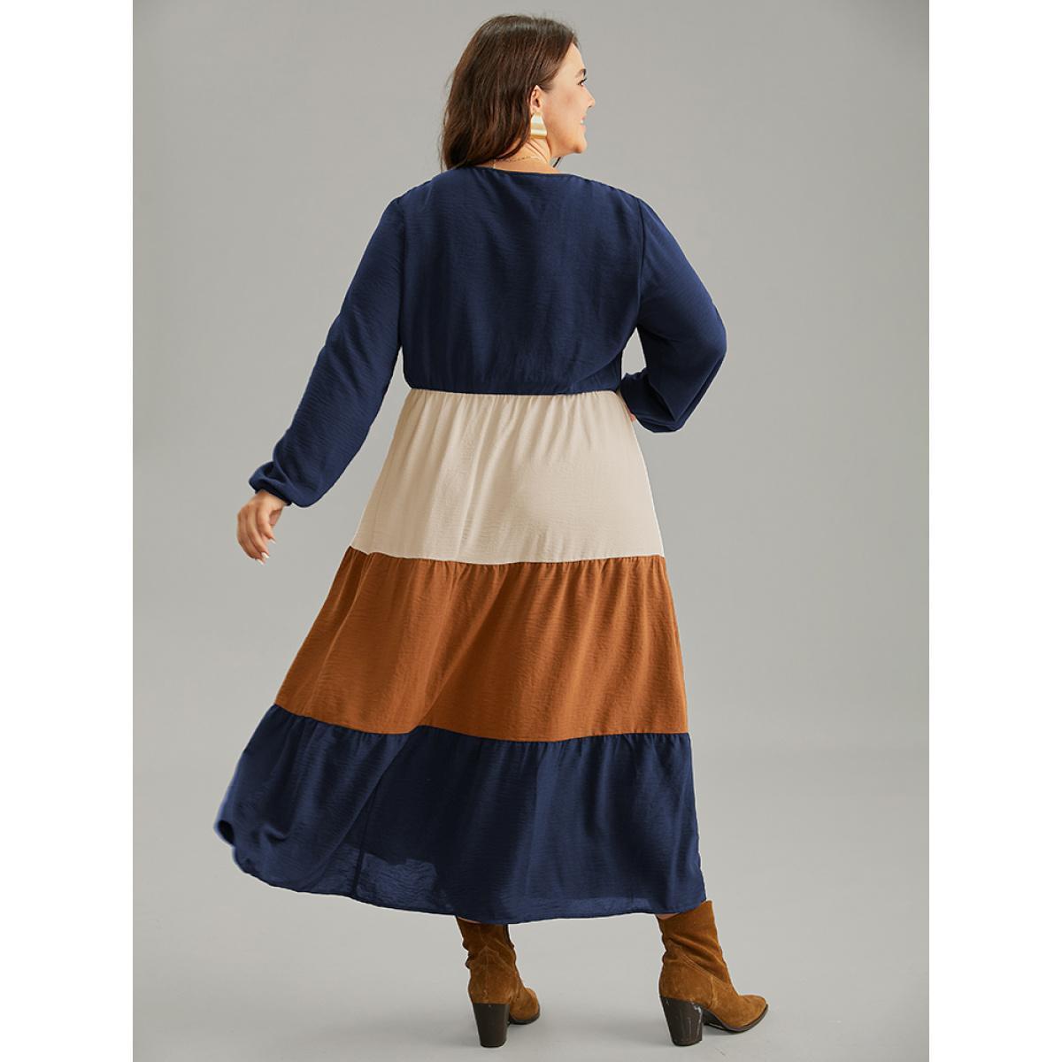 Plus Size Colorblock Patchwork Lantern Sleeve Button Detail Dress DarkBlue Women Elegant Elastic cuffs V-neck Long Sleeve Curvy Midi Dress BloomChic 10/M Product Image