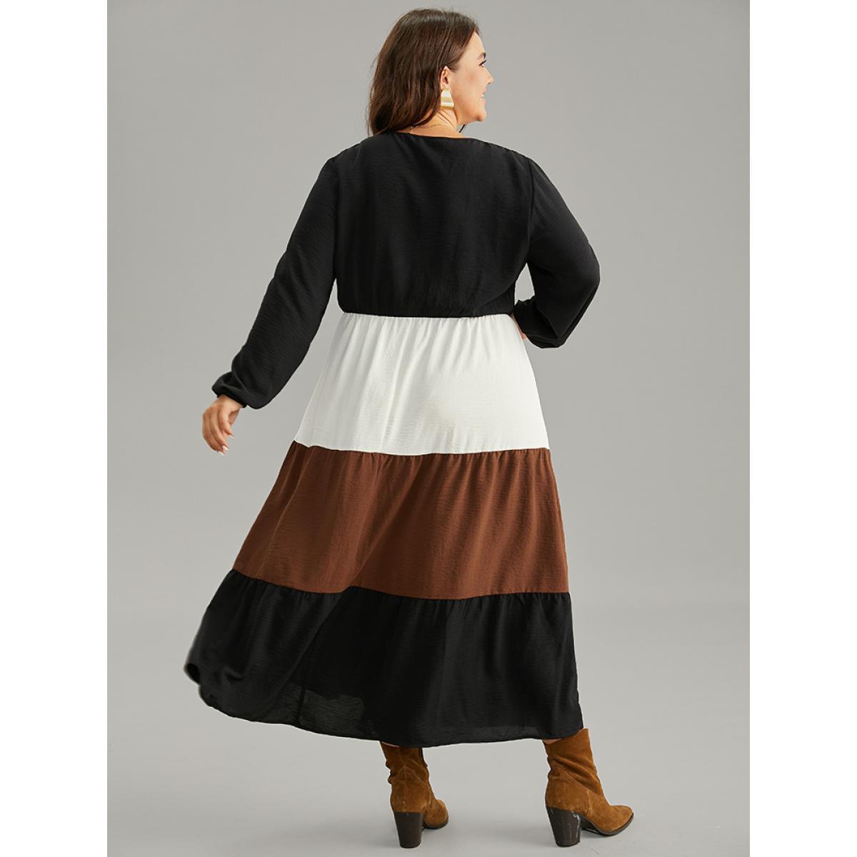 Plus Size Colorblock Patchwork Lantern Sleeve Button Detail Dress Black Women Elegant Elastic cuffs V-neck Long Sleeve Curvy Midi Dress BloomChic 12/L Product Image