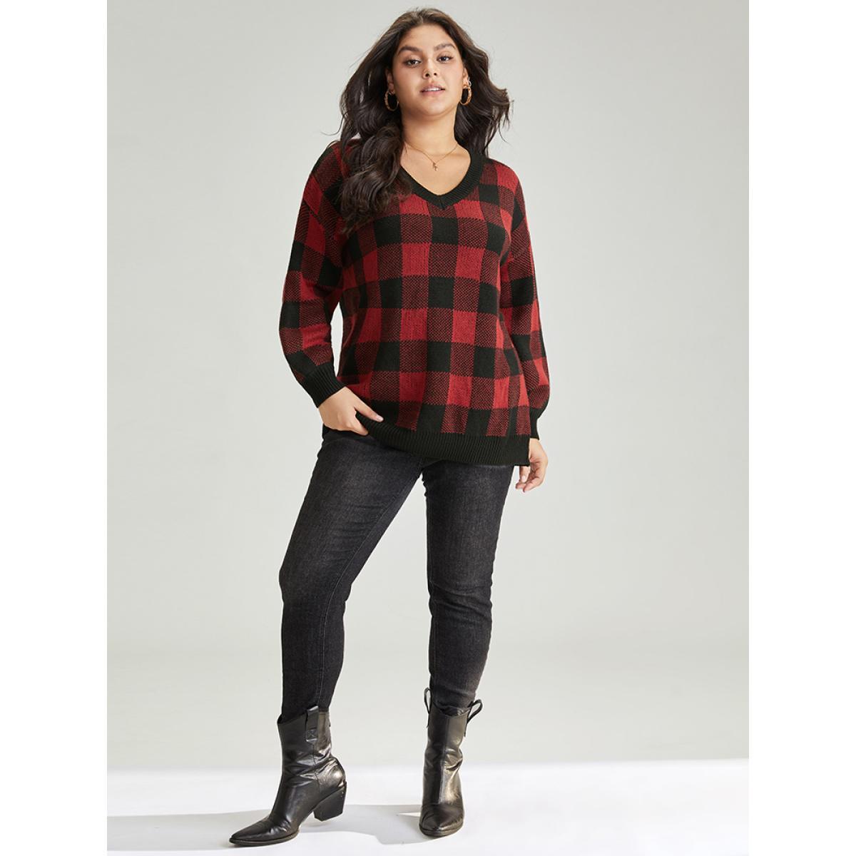 Plus Size Plaid V Neck Lantern Sleeve Loose Pullover Burgundy Women Casual Loose Long Sleeve V-neck Dailywear Pullovers BloomChic 10/M Product Image