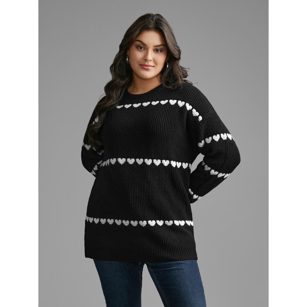 Plus Size Supersoft Essentials Heart Jacquard Pullover Black Women Casual Loose Long Sleeve Round Neck Everyday Pullovers BloomChic 26/4X Product Image